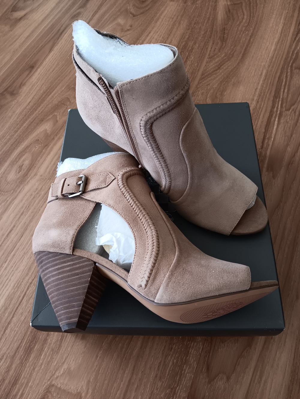 Vince Camuto Taupe Suede Peep-Toe Ankle Booties with Buckle